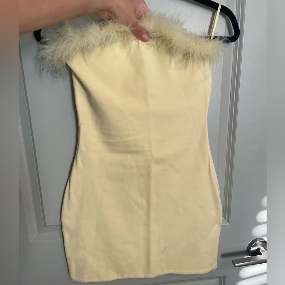 Tiger Mist Cream Ribbed Strapless Bodycon Dress